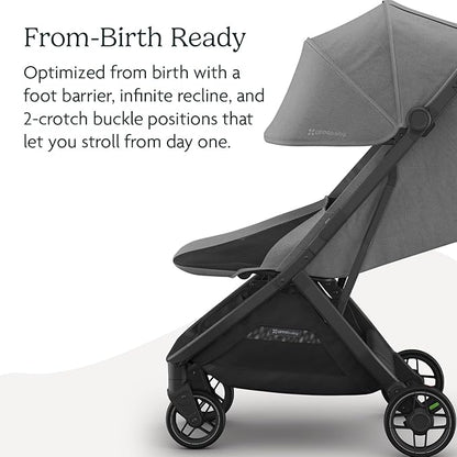 UPPAbaby Minu V3 Travel Stroller | Lightweight + Compact Design | One-Hand Fold + Unfold | from Birth + Overhead Compatible | Greyson (Charcoal Mélange/Carbon Frame/Saddle Leather)