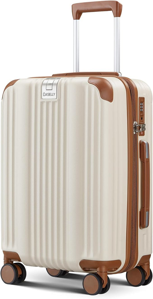 Luggage Set with PC+ABS Hardshell TSA Lock Spinner Wheels Carry on Lightweight Suitcase，YKK Zippers,Cup Holder(Beige, Carry-on 20 Inch)