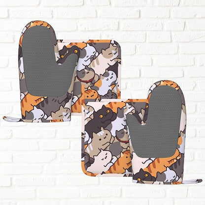 Fun Cat Cartoon Animal Face Oven Mitts and Pot Holders Set of 4 Silicone Heat - Image 5