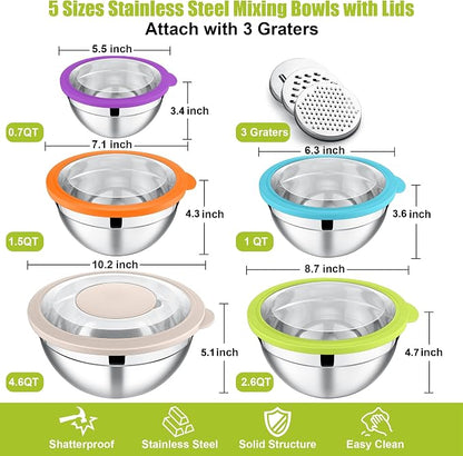 E-far Mixing Bowls with Lids Set of 5, Stainless Steel Salad Mixing Bowl with - Image 5