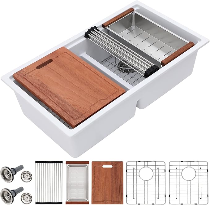 Dcolora 33 Inch Granite Compoisite Kitchen Sink White Undermount Kitchen Sink 50/50 Double Bowl Workstation Elegant Under Counter basin 33"×19“×10”，#DC-GX3327