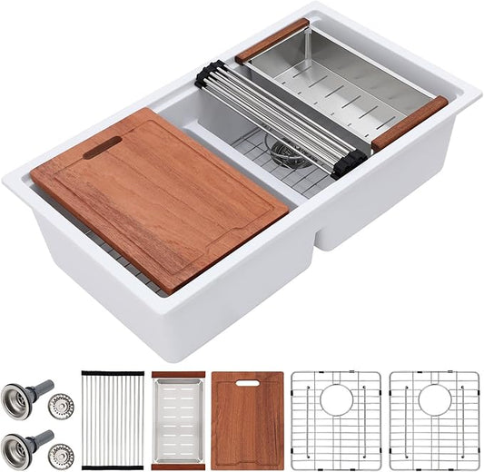 Dcolora 33 Inch Granite Compoisite Kitchen Sink White Undermount Kitchen Sink 50/50 Double Bowl Workstation Elegant Under Counter basin 33"×19“×10”，#DC-GX3327