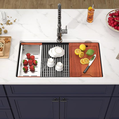 33 Inch Black Undermount Granite Composite Kitchen Sink Under Counter Quartz Single Bowl Sink Workstation Sinks with Accessories Quick Drain Noise Reduction Home Renovation Classic Style