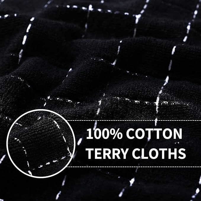 Homaxy 100% Cotton Terry Kitchen Towels(Black, 13 x 28 inches), Checkered Designed, Soft and Super Absorbent Dish Towels, 6 Pack