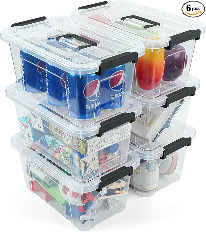 NUMIFUN Plastic Storage Bins with Lids 6 Pack Storage Organizer, 7 Quart Stackable Storage Bins with Buckle-Up Latches and Handle easy for Home Office Pantry Organization, Clear Lids