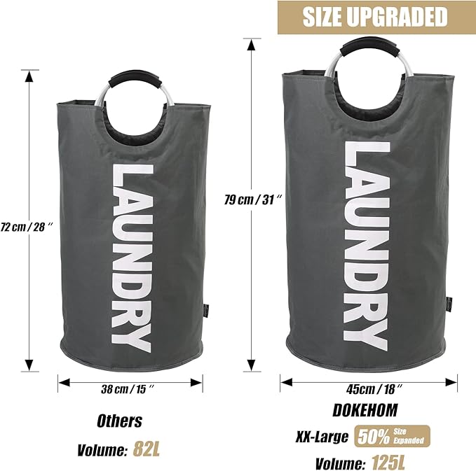 DOKEHOM 125L X-Large Collapsible Washing Laundry Basket Bag (7 Colors) for Bedroom, Fabric (Dark Grey, XL)