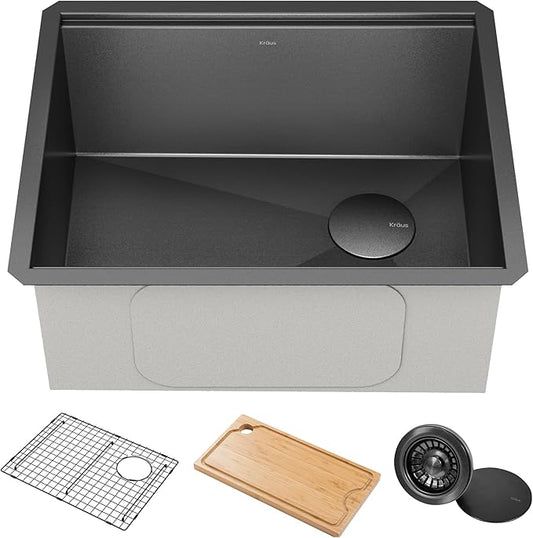 KRAUS Kore 23 Inch Undermount Workstation 16 Gauge Black Stainless Steel Single Bowl Kitchen Sink in PVD Gunmetal Finish with Accessories, KWU1111-23-PGM