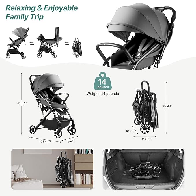 Lightweight Stroller Compact Travel Stroller for Airplane One-Click Folding with Reclining Seat, UV Protection Canopy,Silent All-Terrain Wheels,Umbrella Strollers for Toddlers 0-4