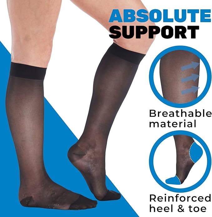 (3 Pairs - Closed Toe) Made in USA - Compression Socks for Women 15-20mmHg - Sheer Compression Knee High Stockings for Post Surgery, Pregnancy, Arthritis, Edema - Black, Large - A101BL3-3