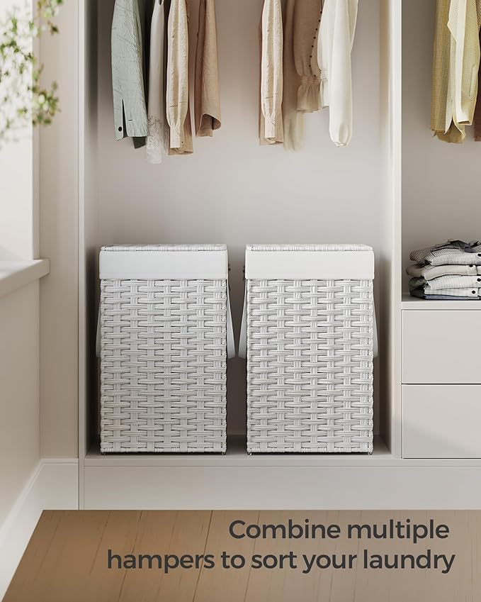SONGMICS Laundry Hamper with Lid, 17.2 Gallon (65 L) Synthetic Rattan Clothes Laundry Basket with Lid and Handles, Foldable, Removable Liner, Cloud White ULCB165W01