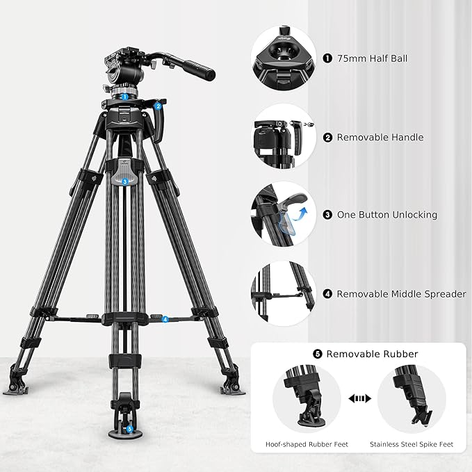 Heavy Duty Carbon Fiber Tripod with Fluid Head, One-Step Unlock System, with Removable Handle and Center Spreader, MaxLoad 8 KG/17.64 LB, Balanced Load 3 KG/6.61 LB (LVF-163C+BV-15)