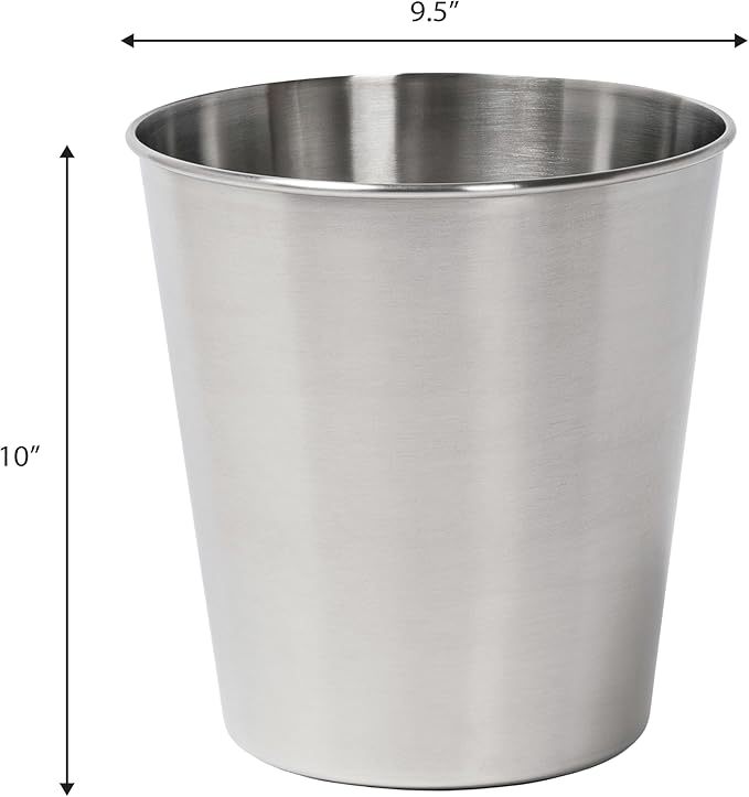 happimess HPM1113C-SET2 Nolan Modern Classic Smooth Steel 2 Gal Waste Bin for Kitchen, Office, Bathroom, Bedroom, Dorm, Brushed Steel (Set of 2)