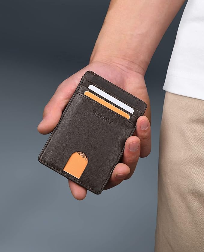 Buffway Mens Slim Wallet, Minimalist Thin Front Pocket Leather Credit Card Holder with RFID Blocking for Work Travel
