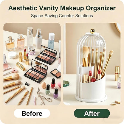 Makeup Brush Holder with Lid 360° Rotating 3-Compartment Makeup Organizers - Image 4