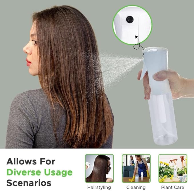 VIGOR PATH Continuous Spray Bottle for Hair – Fine Mist Mister for Hairstyling, Cleaning, Plants, Pets, Barbers, Salons, and Essential Oil Applications (300ml/10.1 oz) Clear 2 Pack