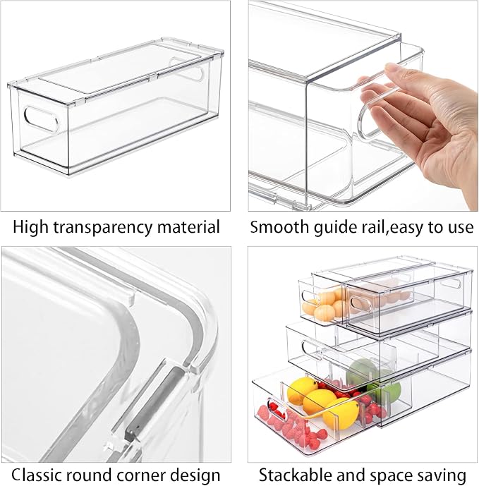 MineSign 4 pack Stackable Fridge Drawers Pull-Out Bins Divided Produce Saver - Image 5