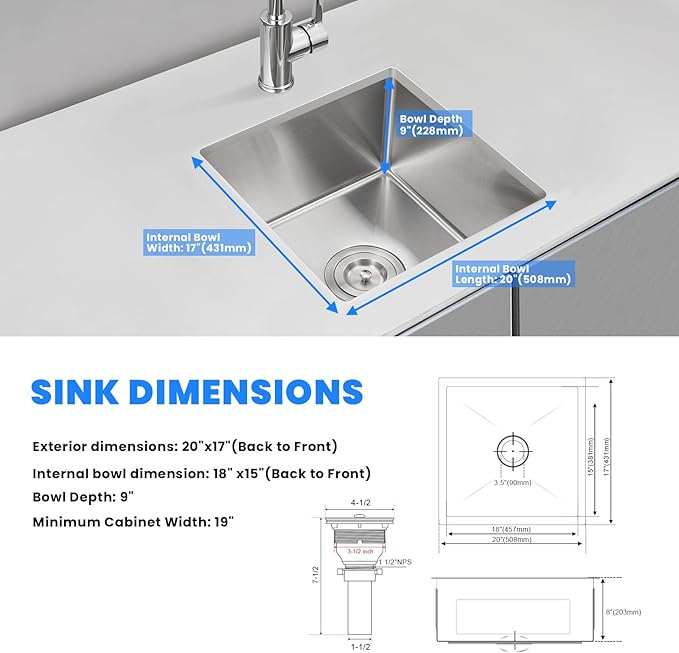 POPFLY 20×17 Inch Undermount Kitchen Sink, Small Wet Bar Prep Sink, 18 Gauge Stainless Steel Single Bowl 9 Inch Deep Rv Sink, Brushed Fregadero De Cocina