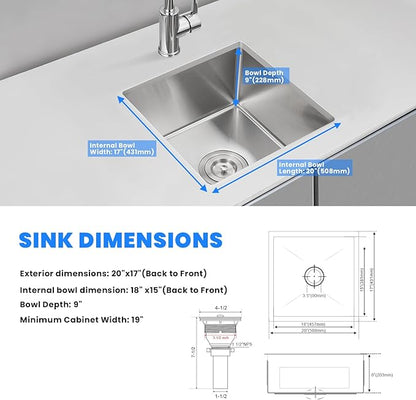 POPFLY 20×17 Inch Undermount Kitchen Sink, Small Wet Bar Prep Sink, 18 Gauge Stainless Steel Single Bowl 9 Inch Deep Rv Sink, Brushed Fregadero De Cocina