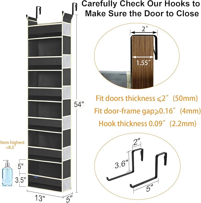 Over The Door Hanging Organizer 6-Shelves and 12 Side Pockets, Over The Door Storage Organizer, Back of Door Organizers for Baby Accessories and Children's Toys (13"x5"x54", Black)