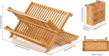 Bamboo Dish Drying Rack with Utensil Holder, 3 Tier Collapsible Dish Rack - Image 2