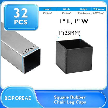 32 Pcs 1" x 1" Square Rubber Chair Leg Caps, PVC Table Leg Covers, Flexible & - Image 2