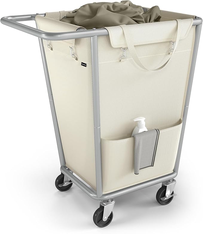 SONGMICS Laundry Basket with Wheels, 34.3 Gallons (130 L) Rolling Laundry Hamper with Removable Bag, Heavy-Duty Steel Frame, Cream White URLS008W01