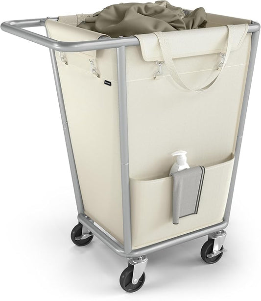 SONGMICS Laundry Basket with Wheels, 34.3 Gallons (130 L) Rolling Laundry Hamper with Removable Bag, Heavy-Duty Steel Frame, Cream White URLS008W01