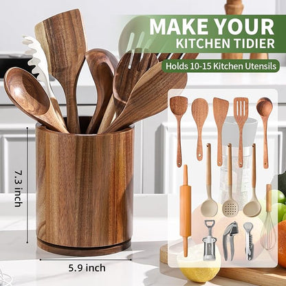 Wooden Utensil Holder, 360°Rotating 7.3'' Large Utensil Holder - Image 3