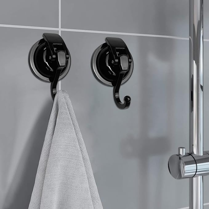 Heavy Duty Vacuum Shower Hooks - Glass Suction Cup Hooks, Reusable, No Hole Punched, for Bathroom Robe and Garland Decoration (Black, 2 Pack)