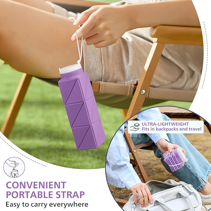 610ml Collapsible Water Bottles Upgrade Foldable Water Bottle BPA Free Reusable Lightweight LeakProof Silicone Water Bottles 20.6oz for Travel Gym Hiking Office Camping Sport Light Purple