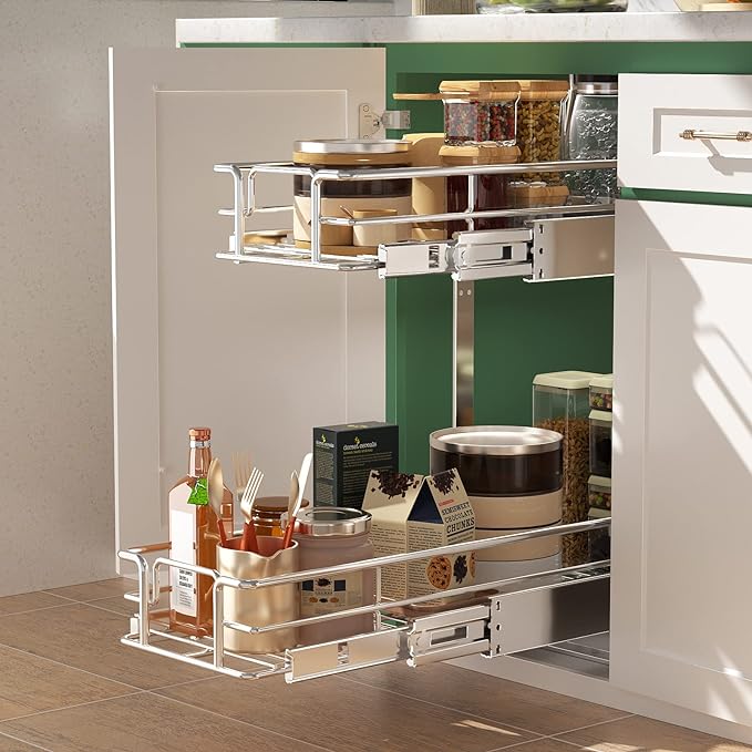 LOVMOR 2 Tier Individual Pull Out Cabinet Organizer 9" W x 21½" D, Slide Out - Image 2