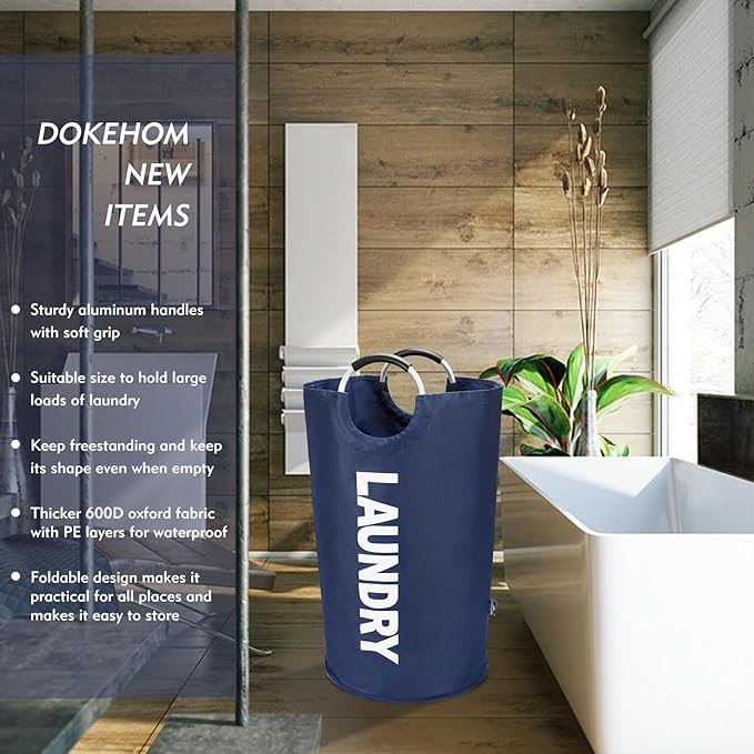 DOKEHOM 90L Large Laundry Basket, Collapsible Laundry Bag, Freestanding Tall Clothes Hamper, Foldable Washing Bin (Dark Blue)