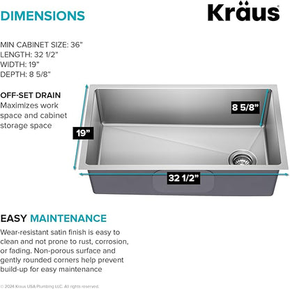 KRAUS Fairlane 33-inch Undermount Single Bowl 18-Gauge Stainless Steel Kitchen Sink, KHU640-33