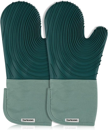 Silicone Oven Mitt Pack, Cotton Lined Gloves, Long Cooking Mitts and Trivet Mats by Dorkuovahome