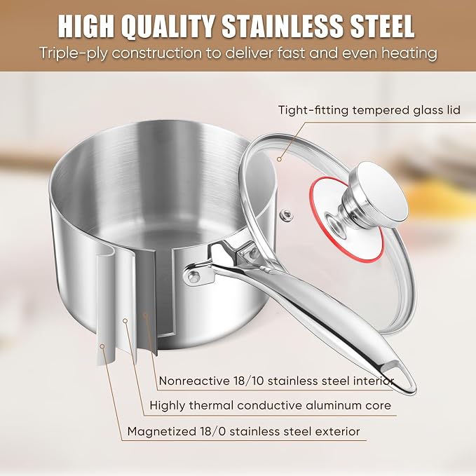 E-far Triply Stainless Steel Saucepan Set, 1Qt & 3 Qt Sauce Pan Pot - Image 3