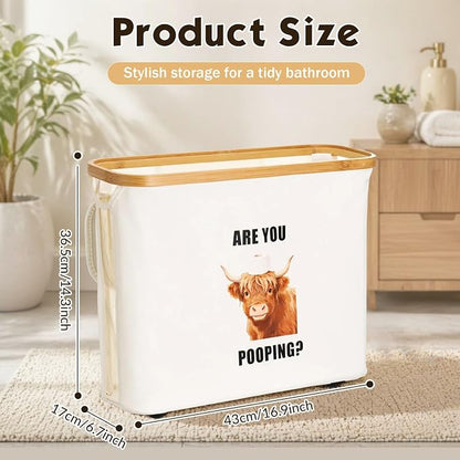 Toilet Paper Basket with Lid & Bamboo Handle, Highland Cow are You Pooping - Image 2