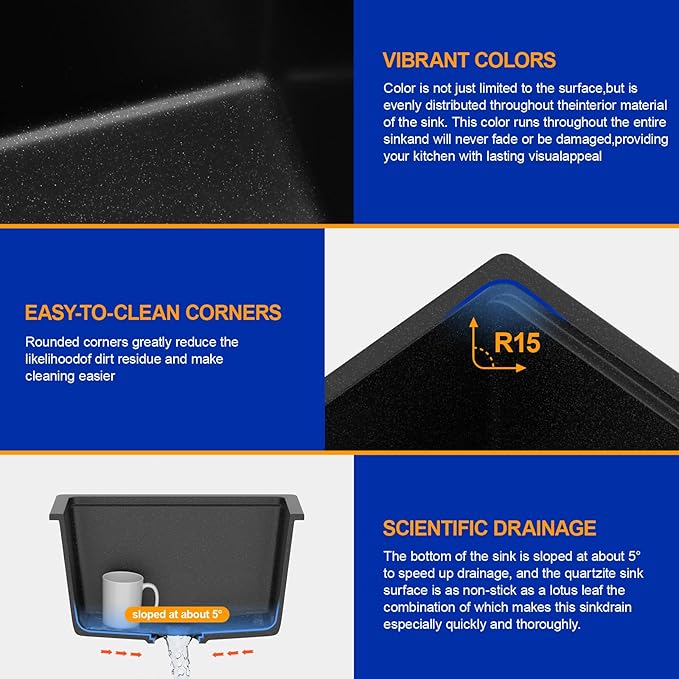 Dcolora 18 In. Wet Bar Sink Granite Composite Undermount Kitchen Sink Black Small Kitchen Prep Sinks Workstaion Single Bowl,#DC-GU0002BS