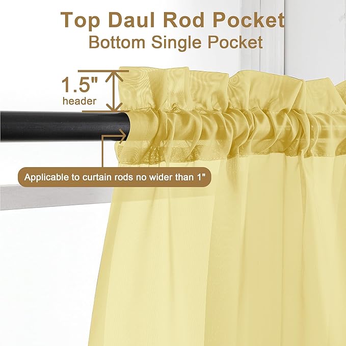 Chyhomenyc Yellow Sheer Curtains 45 Inch Long 2 Panels, Light Filtering Rod Pocket Voile Short Curtains Drapes for Living Room Bedroom Small Windows, 42Wx45L Inches