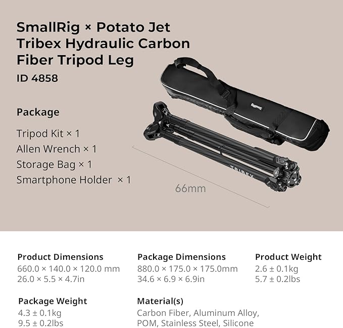 SmallRig x Potato Jet Tribex Hydraulic Carbon Fiber Tripod Fast Extend Camera Travel Tripod, Low Angle Photograph to 5.9in/15cm, Max Height 61in/155cm, Weight 5.7lbs, Load up 55lbs - 4858