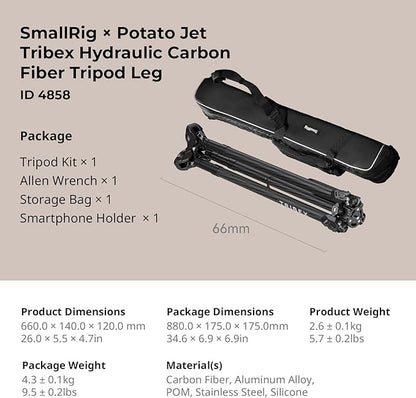 SmallRig x Potato Jet Tribex Hydraulic Carbon Fiber Tripod Fast Extend Camera Travel Tripod, Low Angle Photograph to 5.9in/15cm, Max Height 61in/155cm, Weight 5.7lbs, Load up 55lbs - 4858