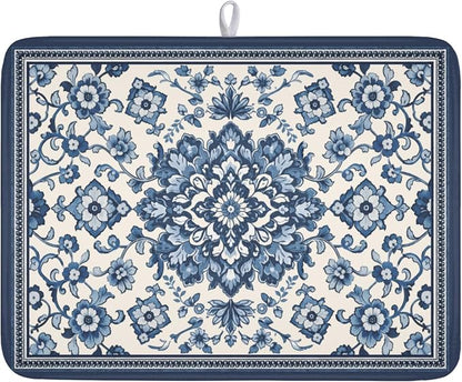 Blue Floral Dish Drying Mat for Kitchen Counter Vintage Flower Pattern by Unknown