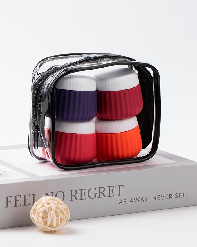 Travel Containers for Toiletries 4 Pack, TSA Approved Travel Size Toiletries, Travel Size Containers, With Clear Bag Leak Proof Silicone Jars, Travel Essentials Creams Jars Carrying Small Items