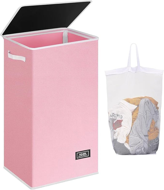SOLEDI Laundry Hamper with Lid 100L Large & Tall Collapsible Laundry Basket, Clothes Hamper with Bag Removable Easy to Carry, Dirty Hampers for Bedroom, Bathroom, Dorm, College, Pink