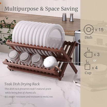 Teak Dish Drying Rack, Folding Collapsible Drainer Plate Organizer Holder - Image 3