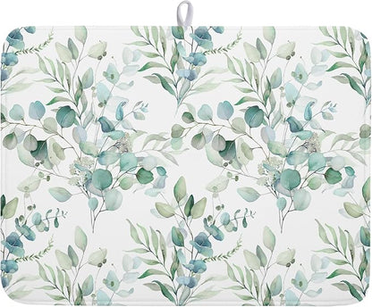 Sage Green Leaves Dish Drying Mats by Kawani