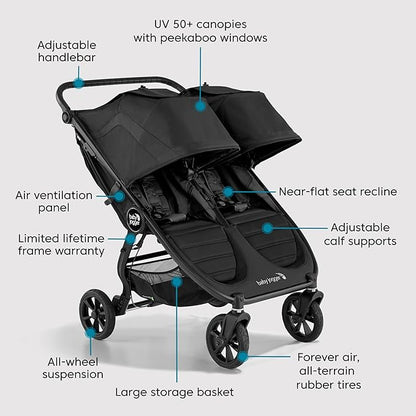 Baby Jogger City Mini GT2 All-Terrain Double Stroller Jet Black Perfect for Newborn and Toddler Compatible with Britax Cybex Graco and Maxi Cosi Infant Car Seats