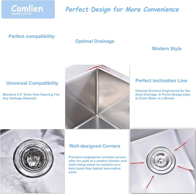 Comllen 28 Inch Drop in Kitchen Sink,28x18 Inch Top Mount 18 Gauge Stainless Steel Deep Kitchen Sinks,Brushed Nickel Single Bowl RV Laundry Utility Sink