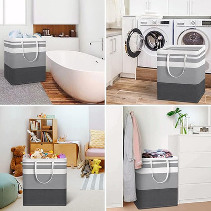 HomeHacks 2 Pack Large Laundry Baskets, Waterproof, Freestanding Laundry Hampers, Collapsible Clothes Hamper with Reinforced Handles in Laundry, College Dorm, Bathroom, Bedroom (Grey+Blue, 100Lx2)