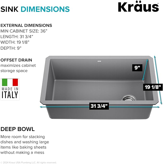 KRAUS Forteza 32-inch Undermount Single Bowl Granite Kitchen Sink in Grey, KGU-55GREY