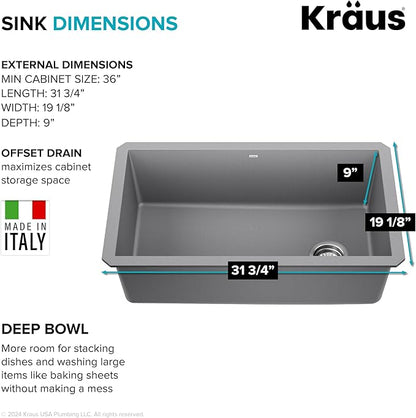 KRAUS Forteza 32-inch Undermount Single Bowl Granite Kitchen Sink in Grey, KGU-55GREY